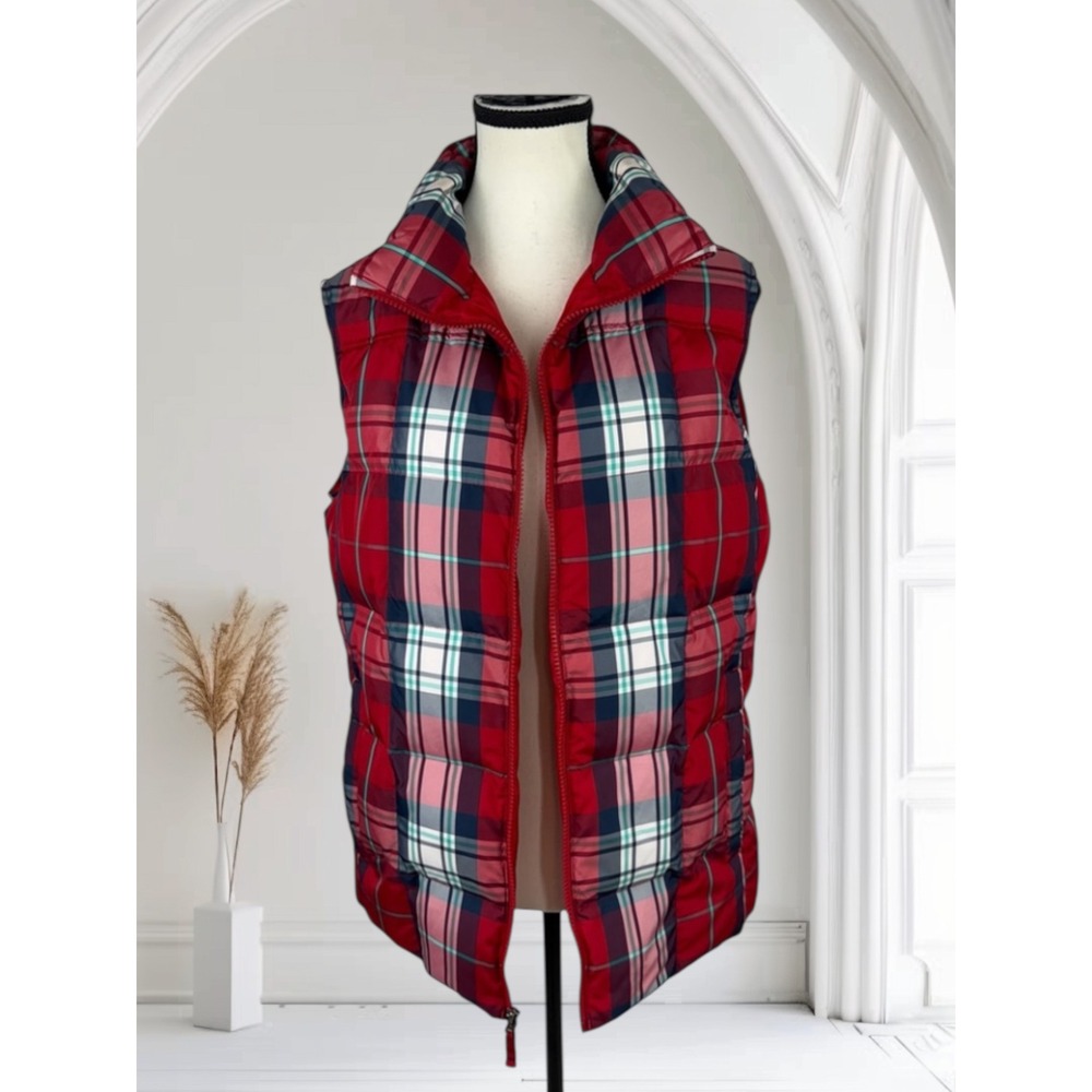 Lands' End Women's Red Plaid Puffer Vest Sleeveless Warm‎ Casual Fall Winter S